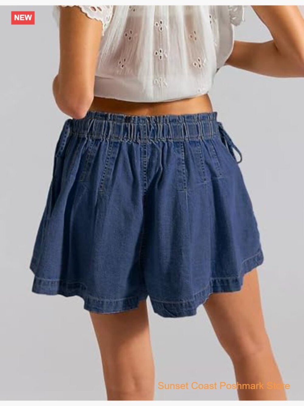 High Waisted Wide Leg Pleated Denim Shorts with Pockets - Summer Jorts - Picture 3 of 7